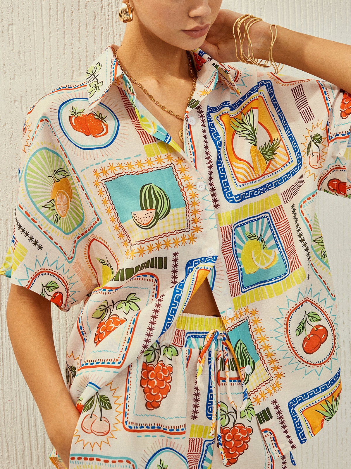 Desenli Relax Fit Kısa Takım – Ekru