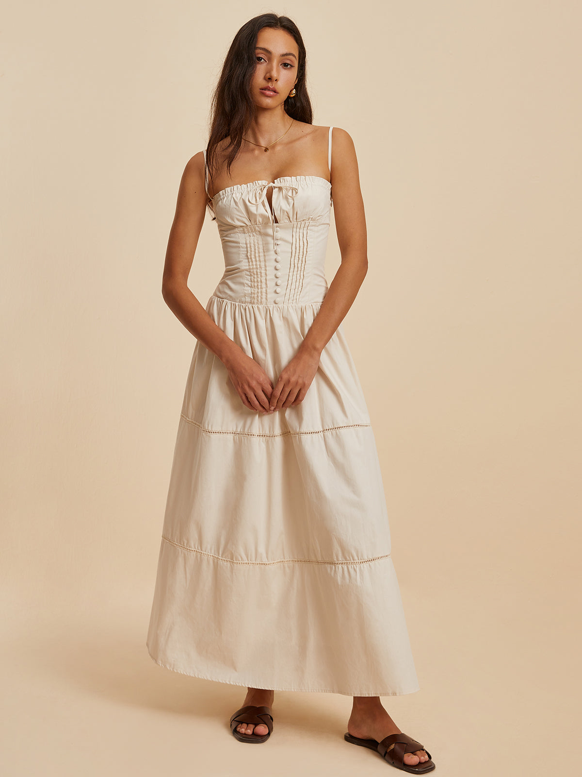 Askılı Büzgü Detaylı Uzun Pamuk Elbise – Ekru