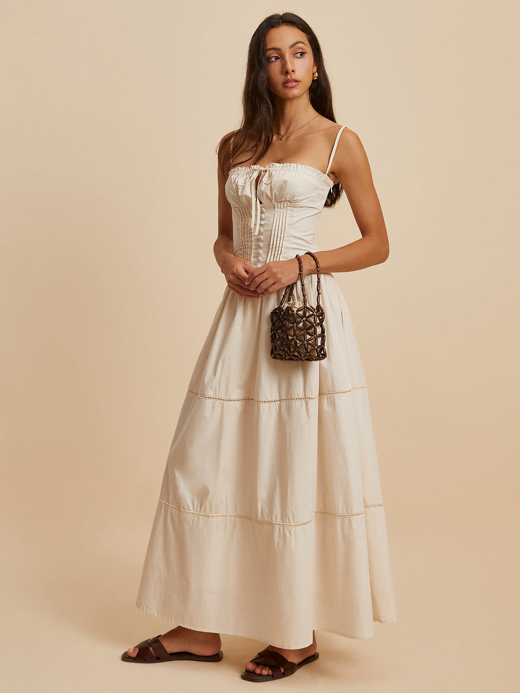 Askılı Büzgü Detaylı Uzun Pamuk Elbise – Ekru