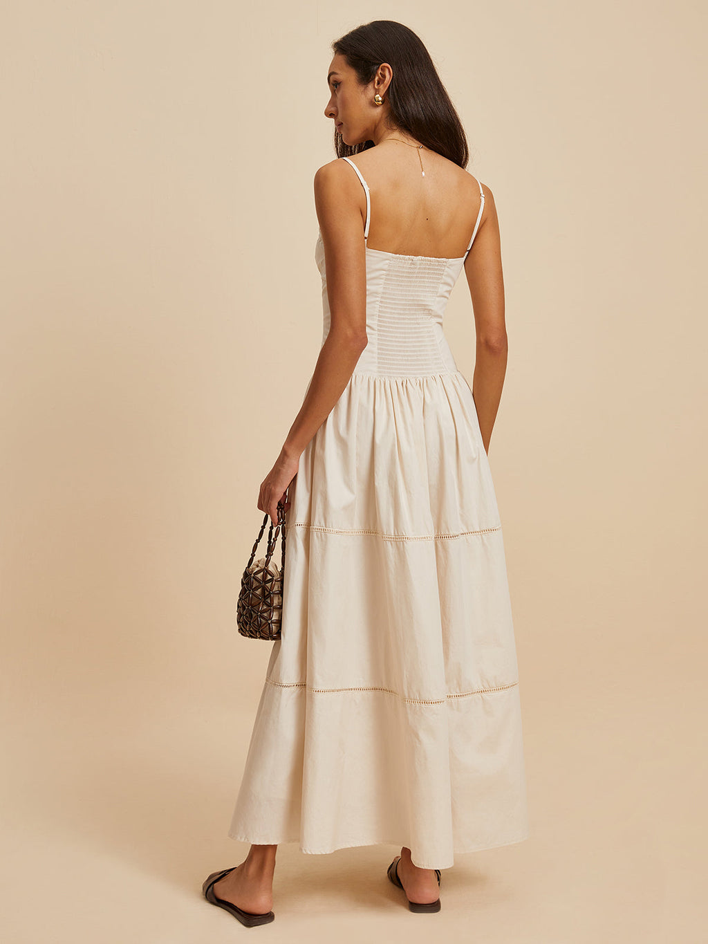 Askılı Büzgü Detaylı Uzun Pamuk Elbise – Ekru