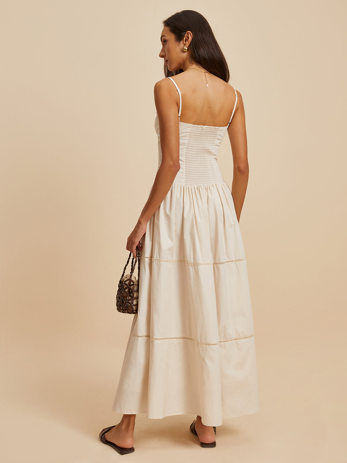 Askılı Büzgü Detaylı Uzun Pamuk Elbise – Ekru