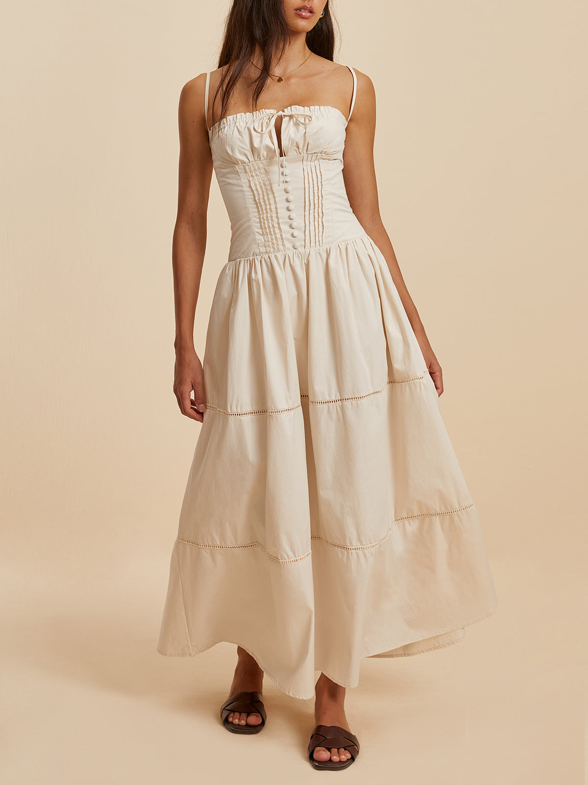 Askılı Büzgü Detaylı Uzun Pamuk Elbise – Ekru