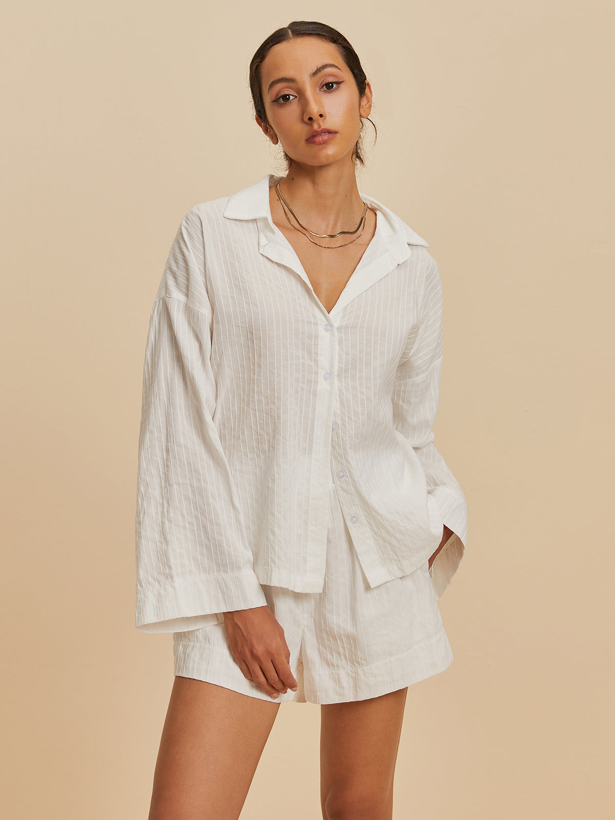 Oversize Çizgili Gömlek Şort Takım – Beyaz