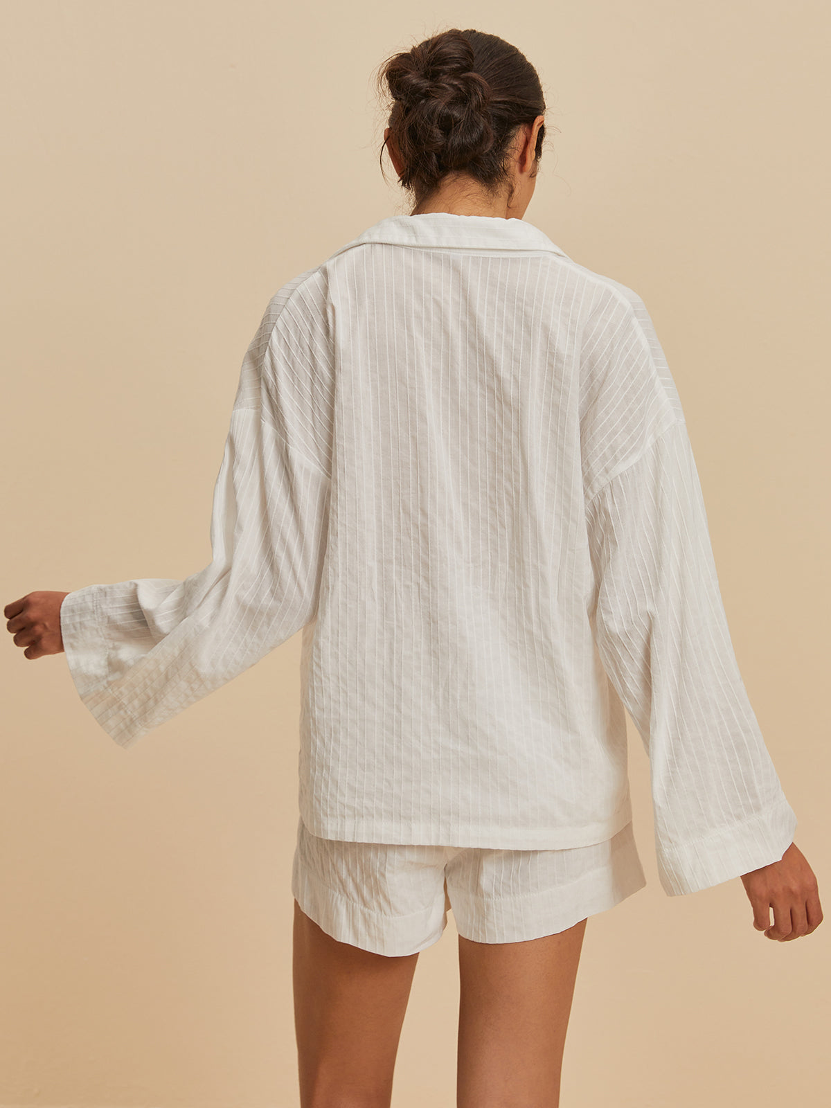 Oversize Çizgili Gömlek Şort Takım – Beyaz