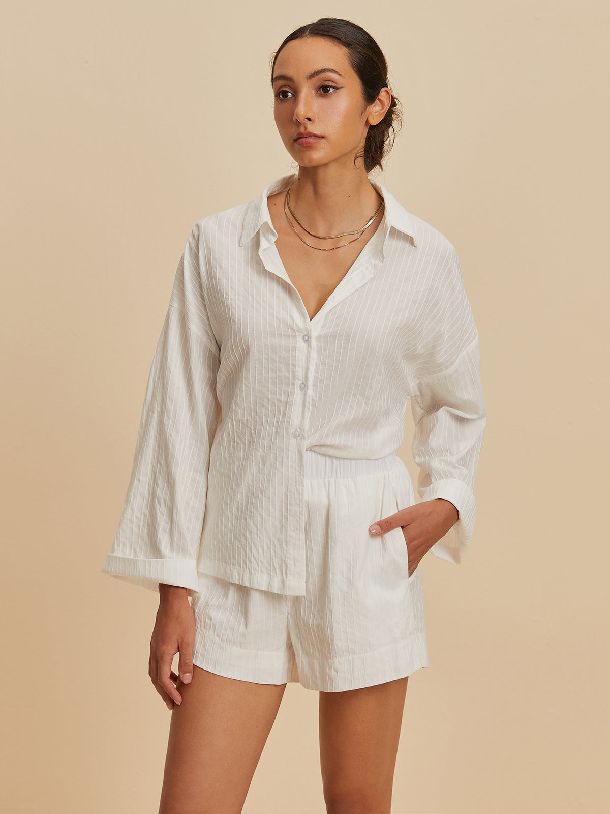 Oversize Çizgili Gömlek Şort Takım – Beyaz