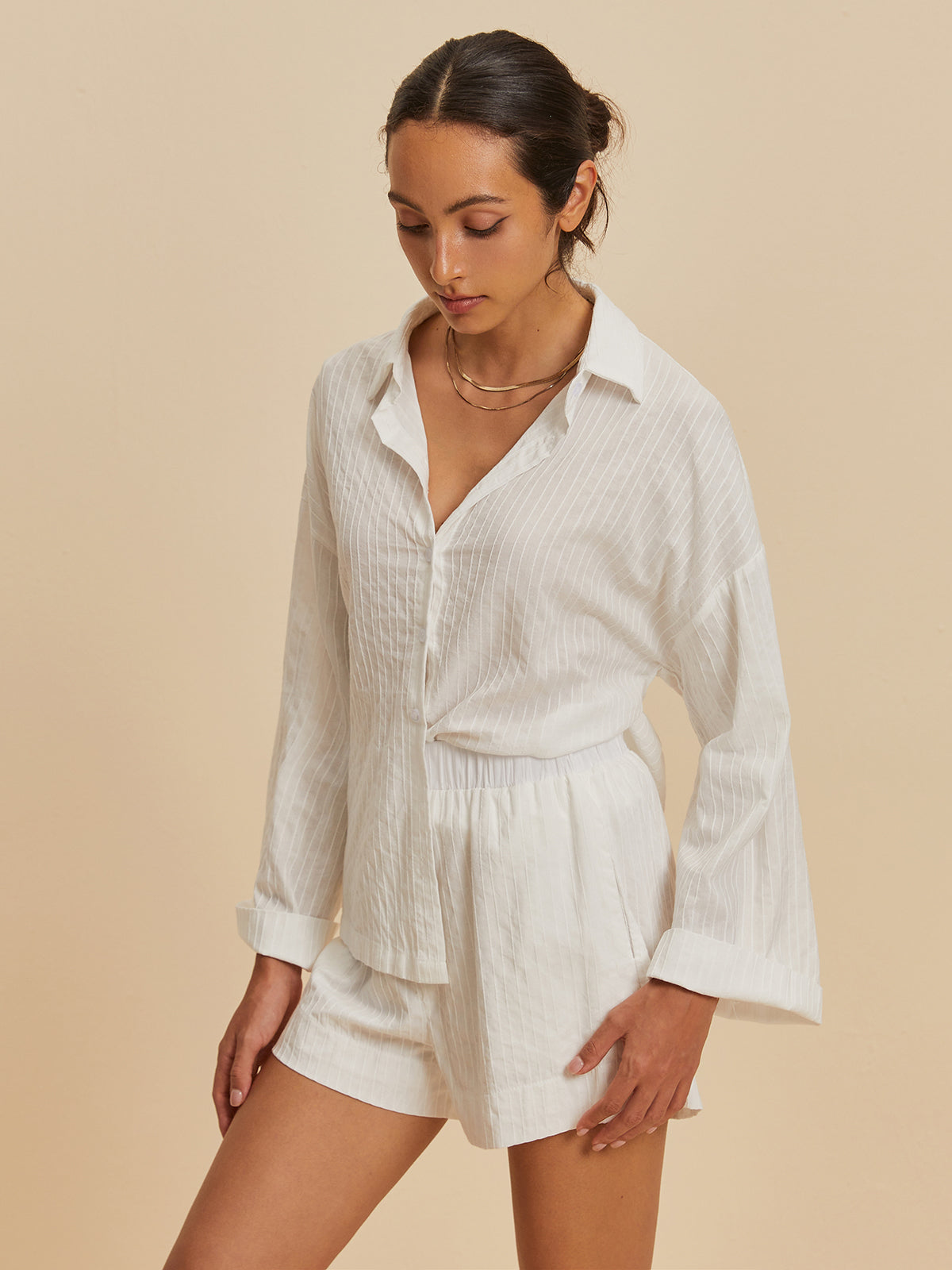 Oversize Çizgili Gömlek Şort Takım – Beyaz