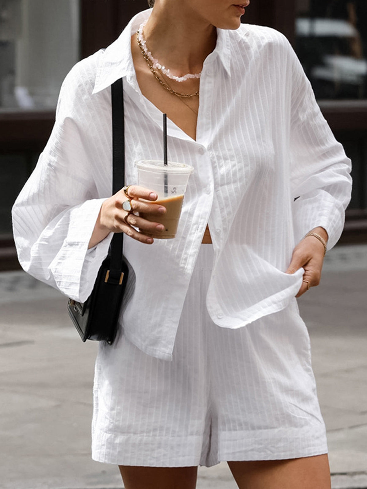 Oversize Çizgili Gömlek Şort Takım – Beyaz