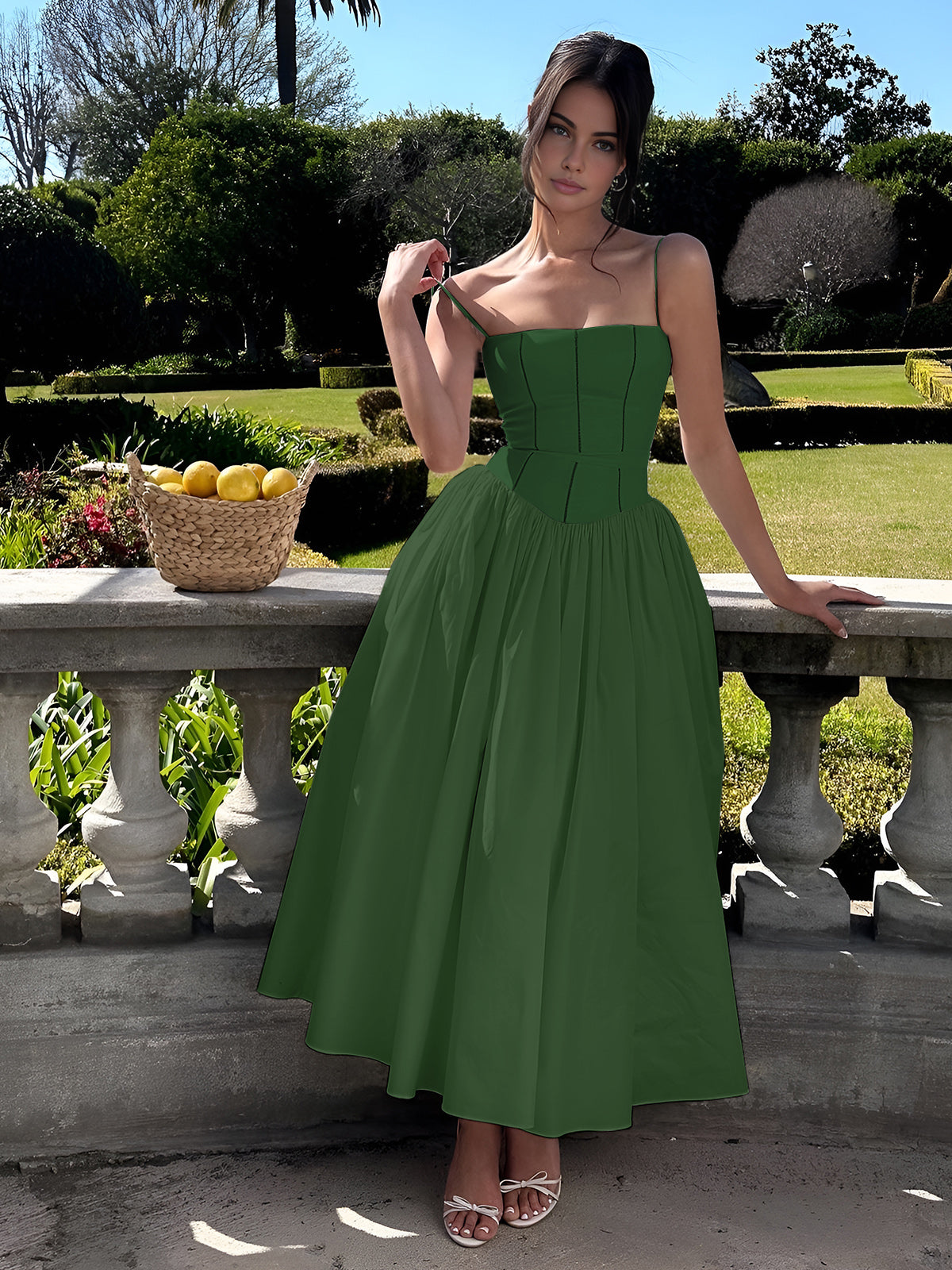 Askılı Korsajlı Balon Etekli Midi Elbise – Beyaz