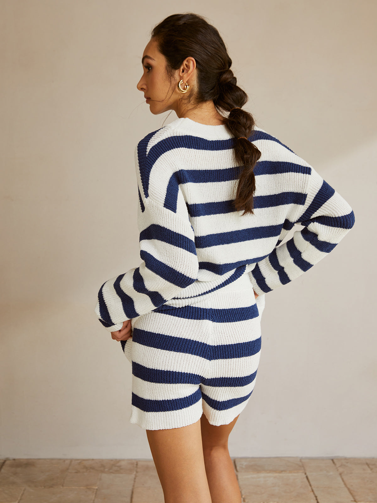 Çizgili Örgü Relaxed Fit Şortlu Takım – Lacivert Beyaz