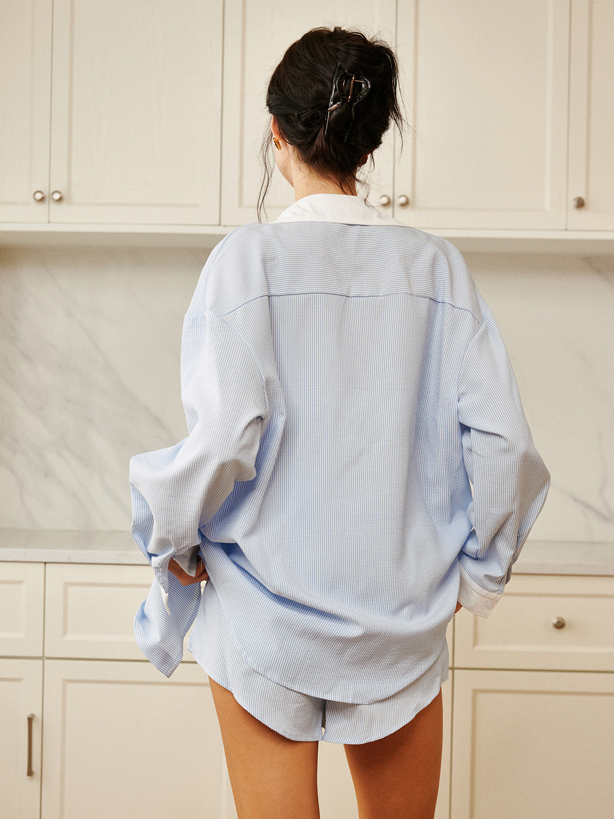 Oversize Kesim Düğmeli Gömlek ve Şort Takım – Mavi