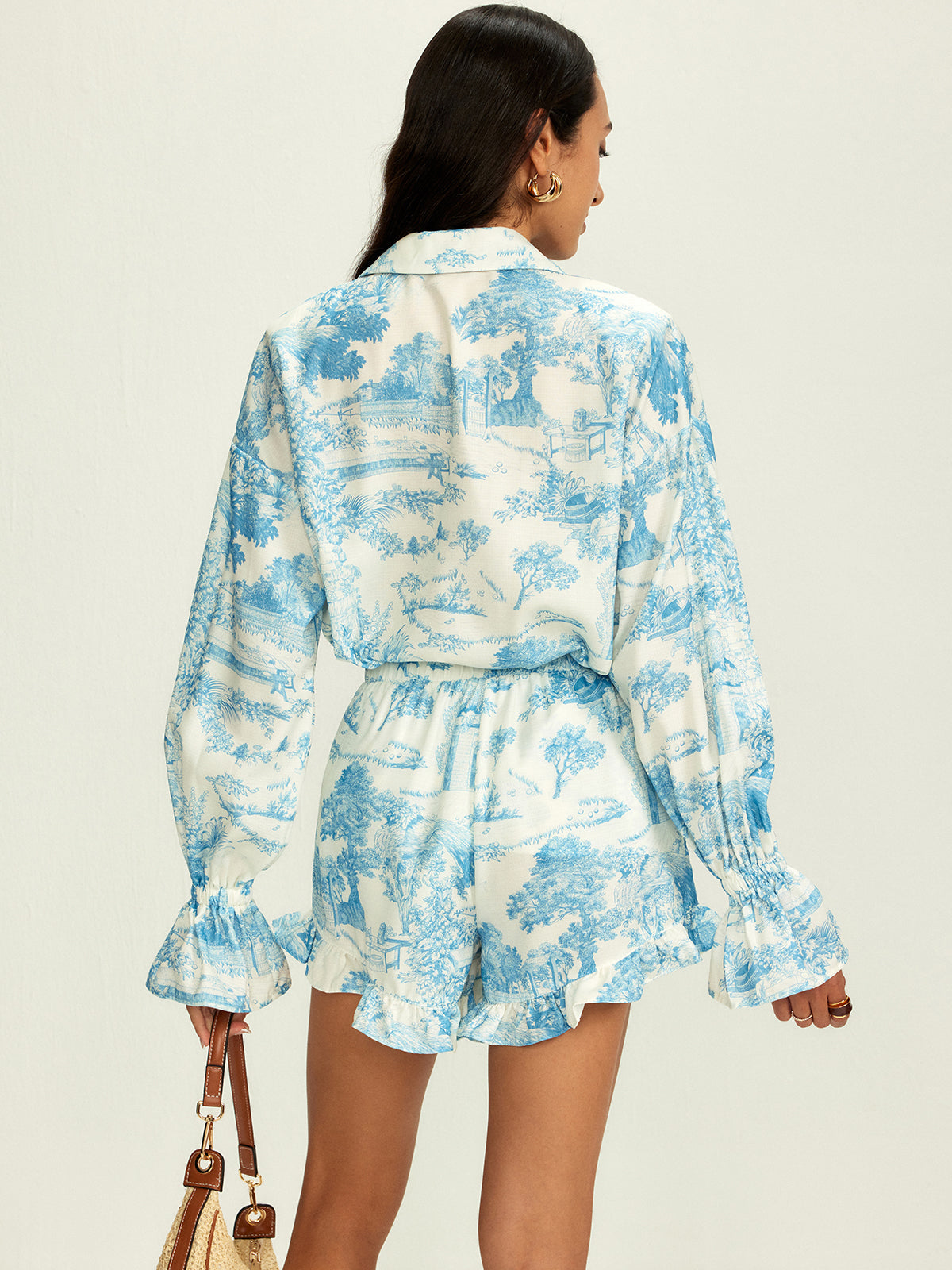 Bağlama Detaylı Desenli Şort Takım – Mavi