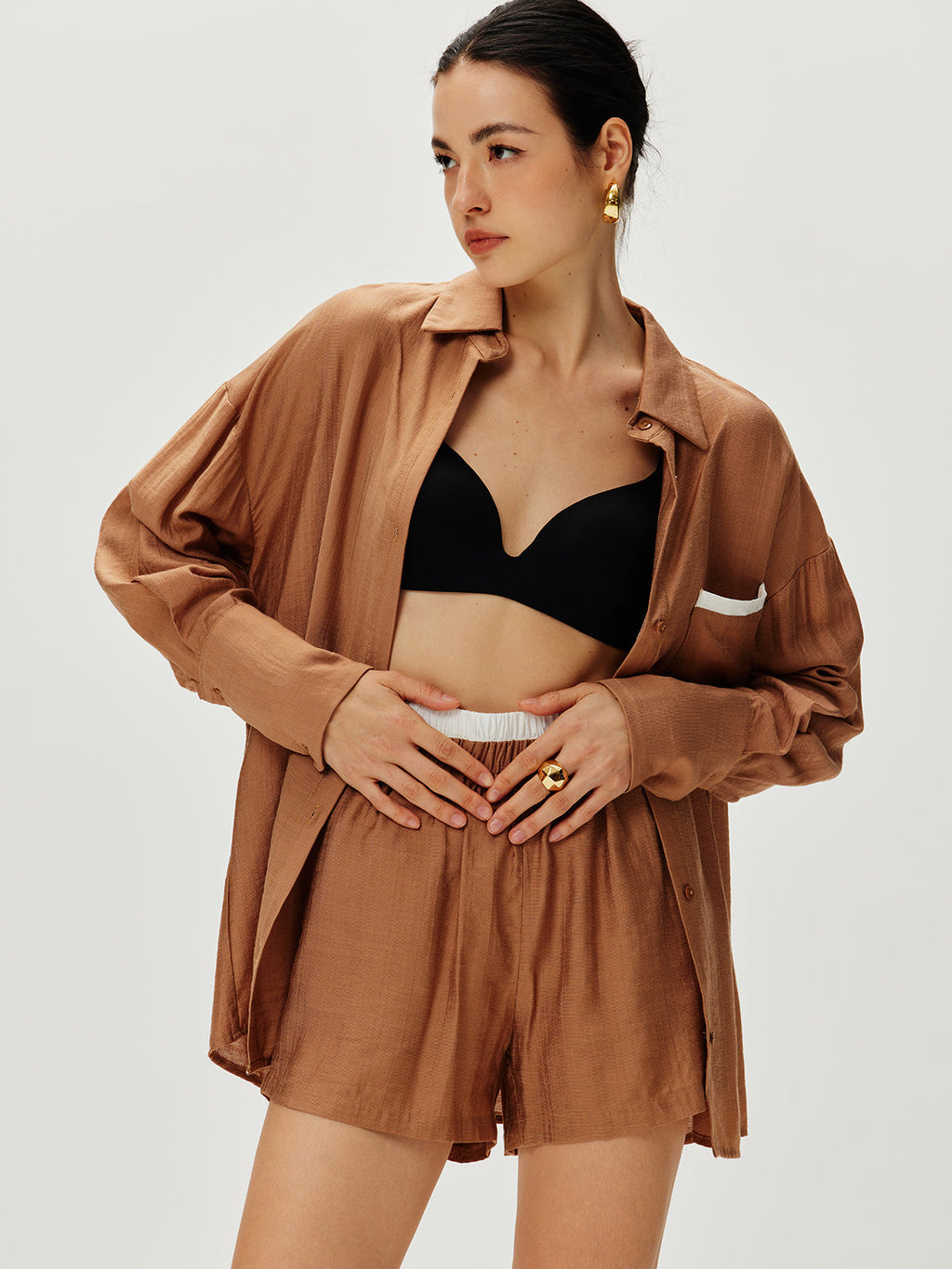 Bol Kesim Viskon Şortlu Takım – Tarçın