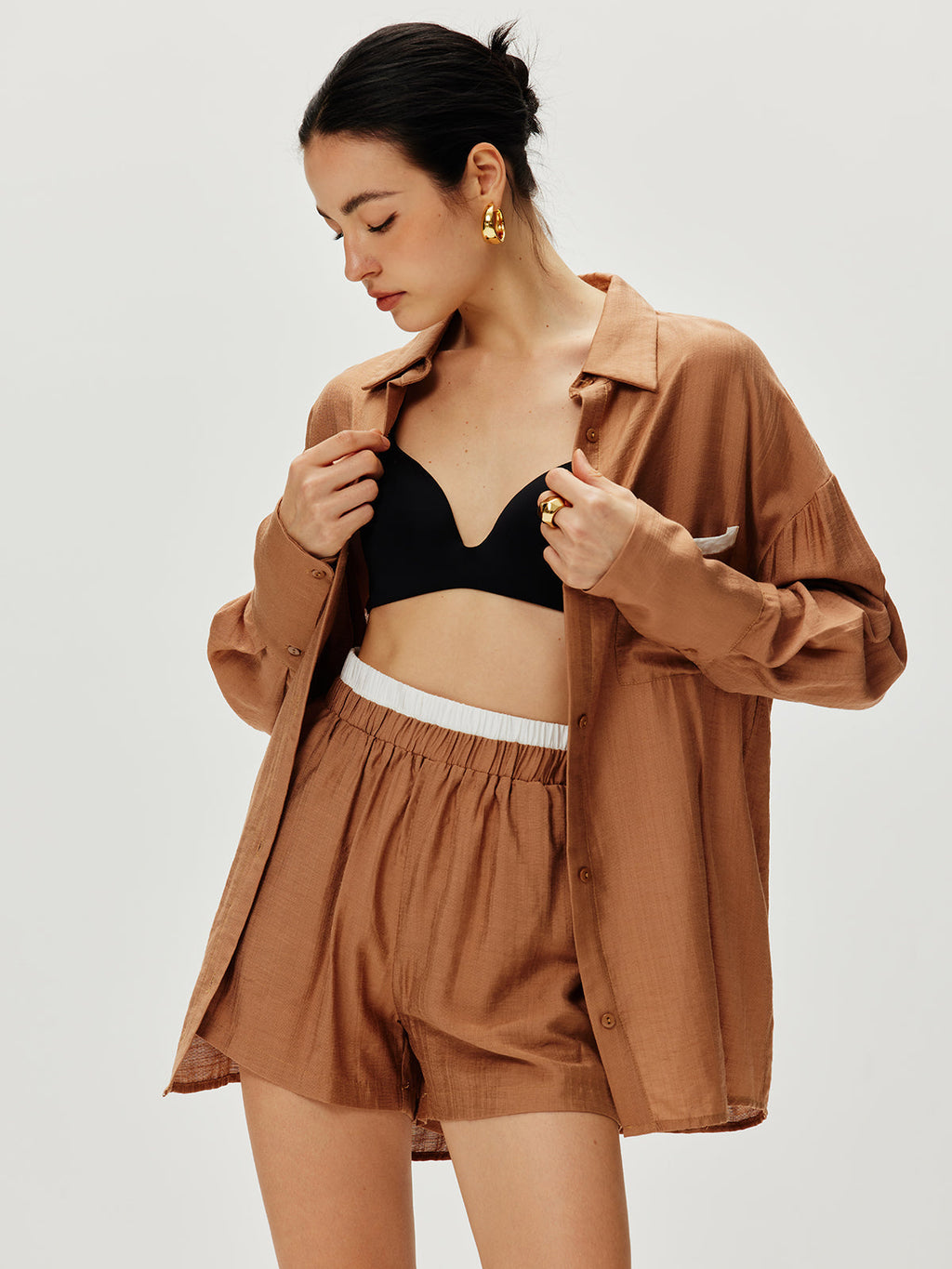 Bol Kesim Viskon Şortlu Takım – Tarçın