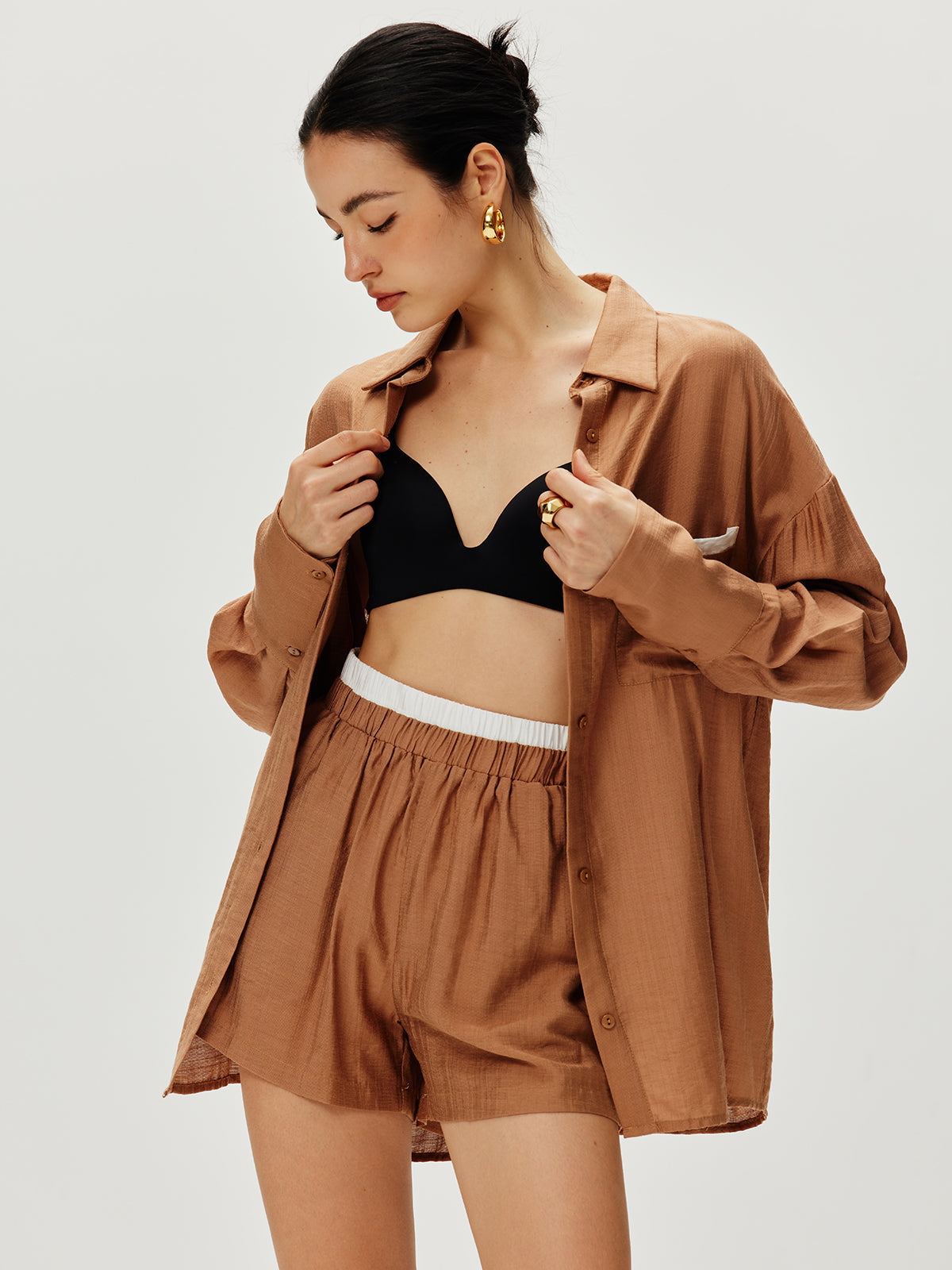 Bol Kesim Viskon Şortlu Takım – Tarçın