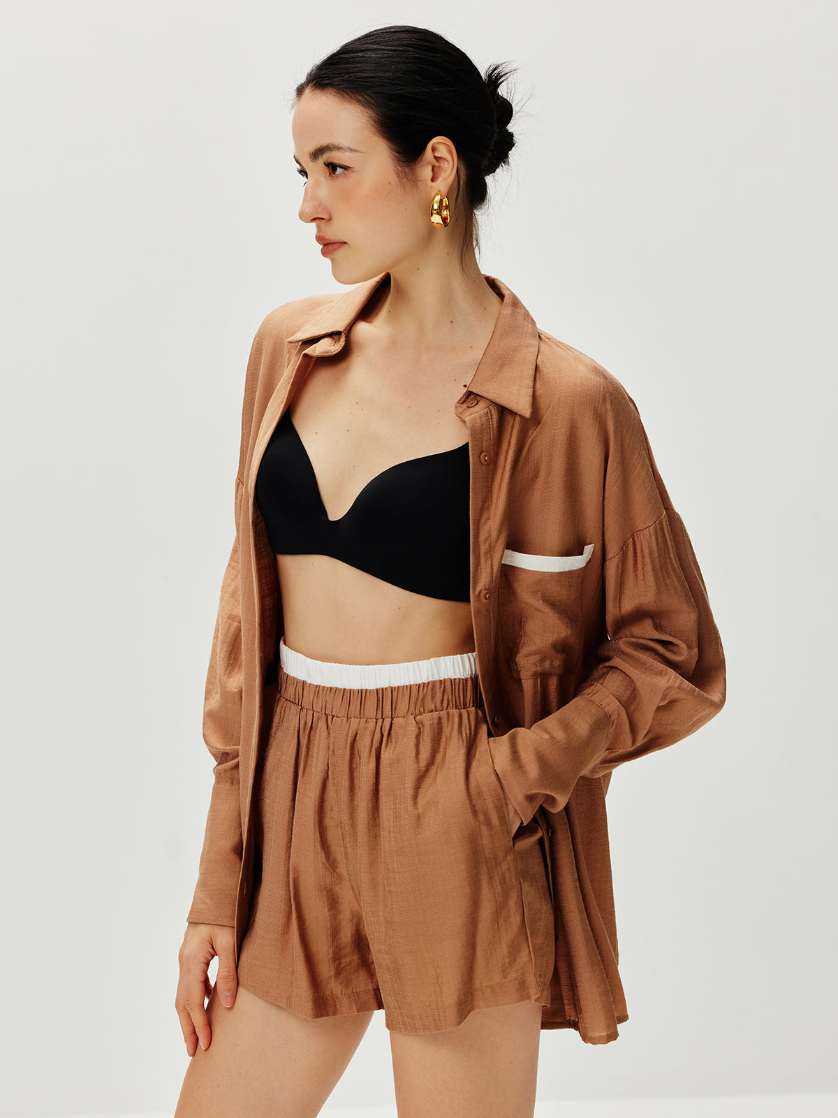 Bol Kesim Viskon Şortlu Takım – Tarçın