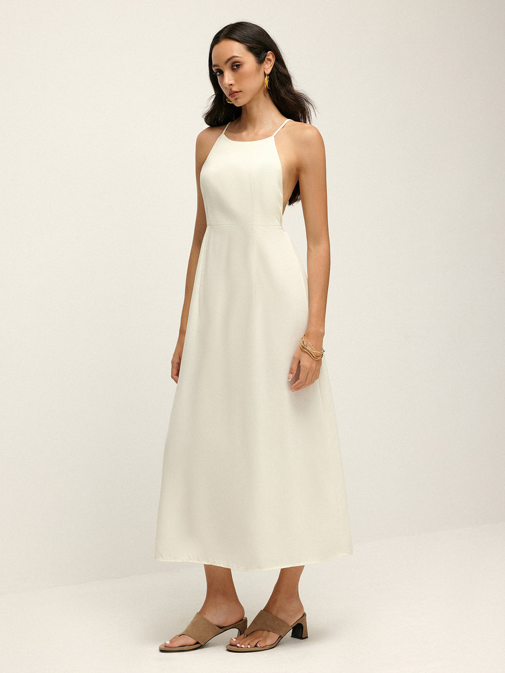 İnce Askılı Sırt Dekolteli Midi Elbise – Ekru