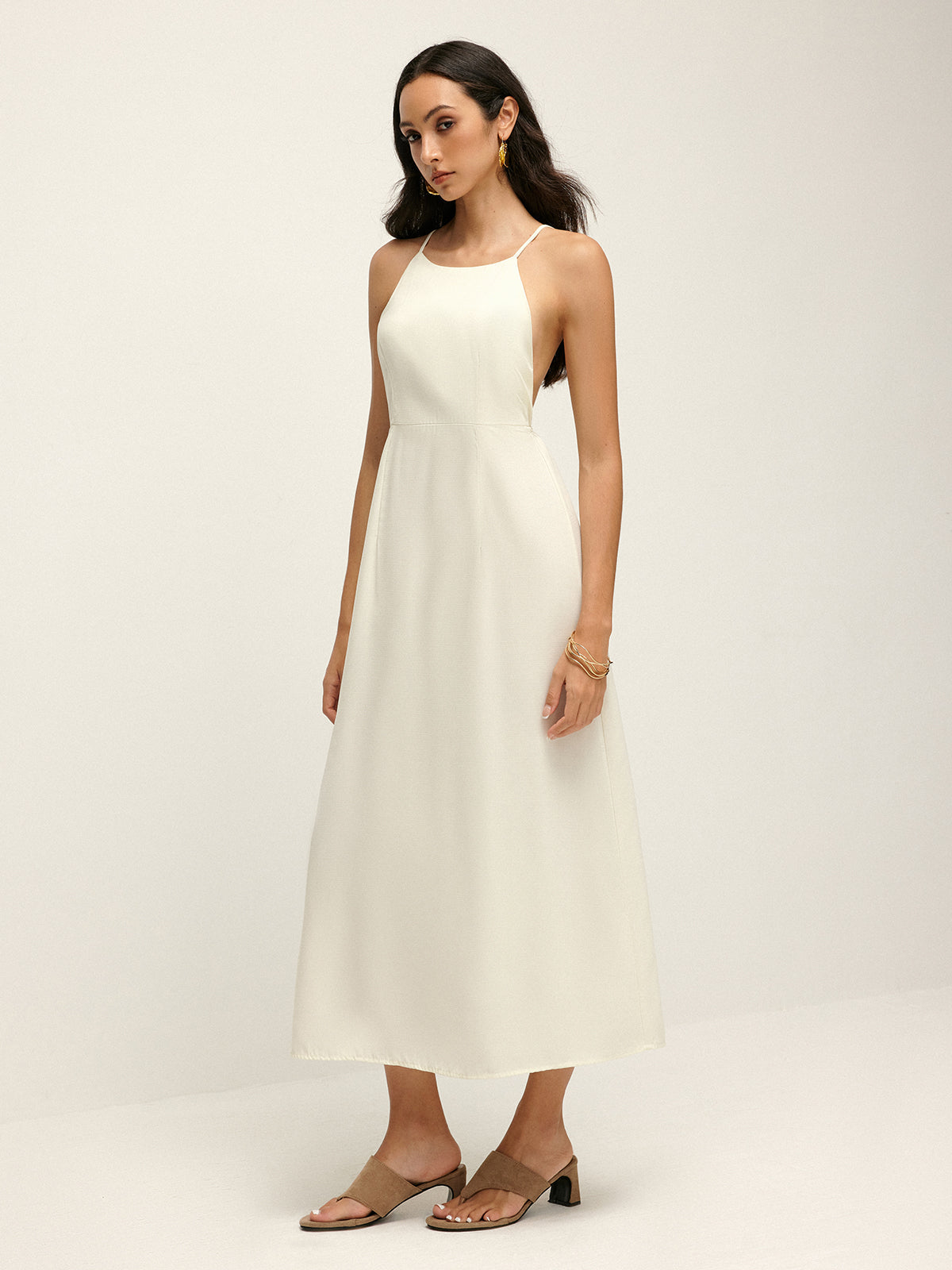 İnce Askılı Sırt Dekolteli Midi Elbise – Ekru