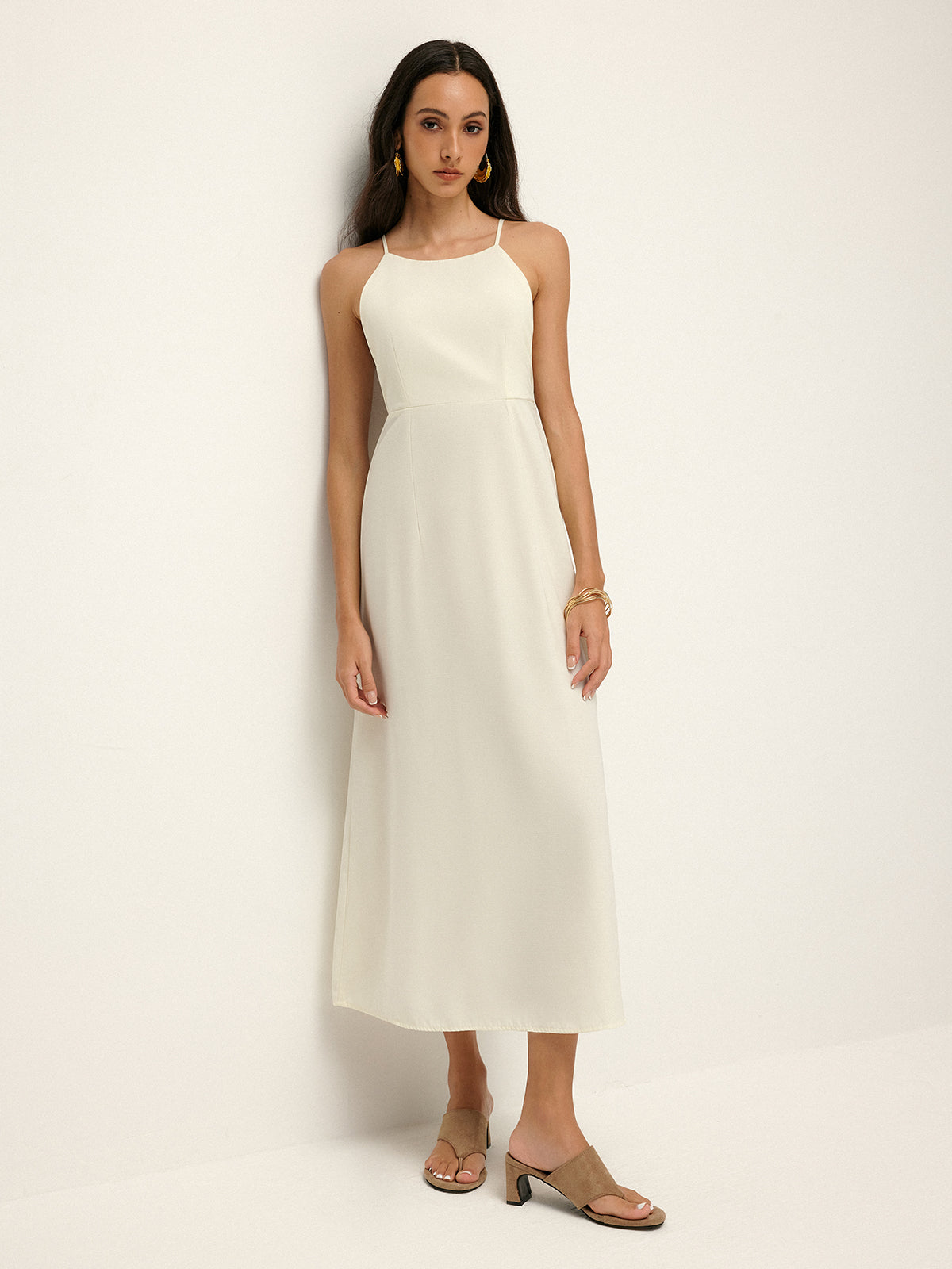 İnce Askılı Sırt Dekolteli Midi Elbise – Ekru