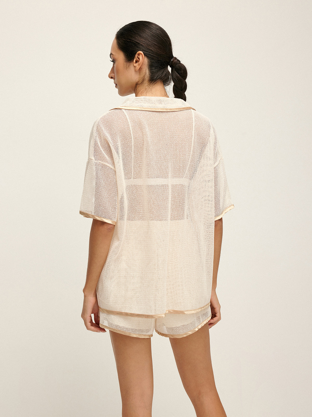 Düğmeli File Oversize Şortlu Takım – Bej