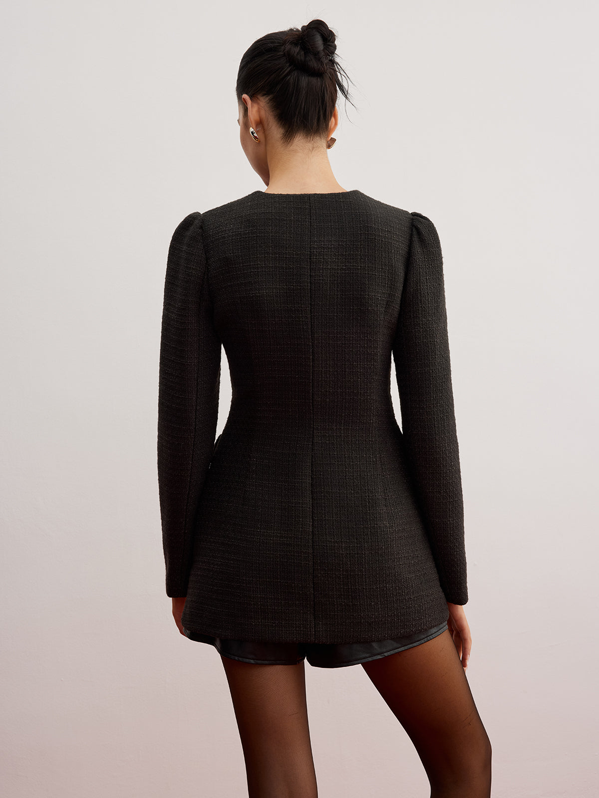 Kemersiz Şık Düğmeli Tweed Blazer