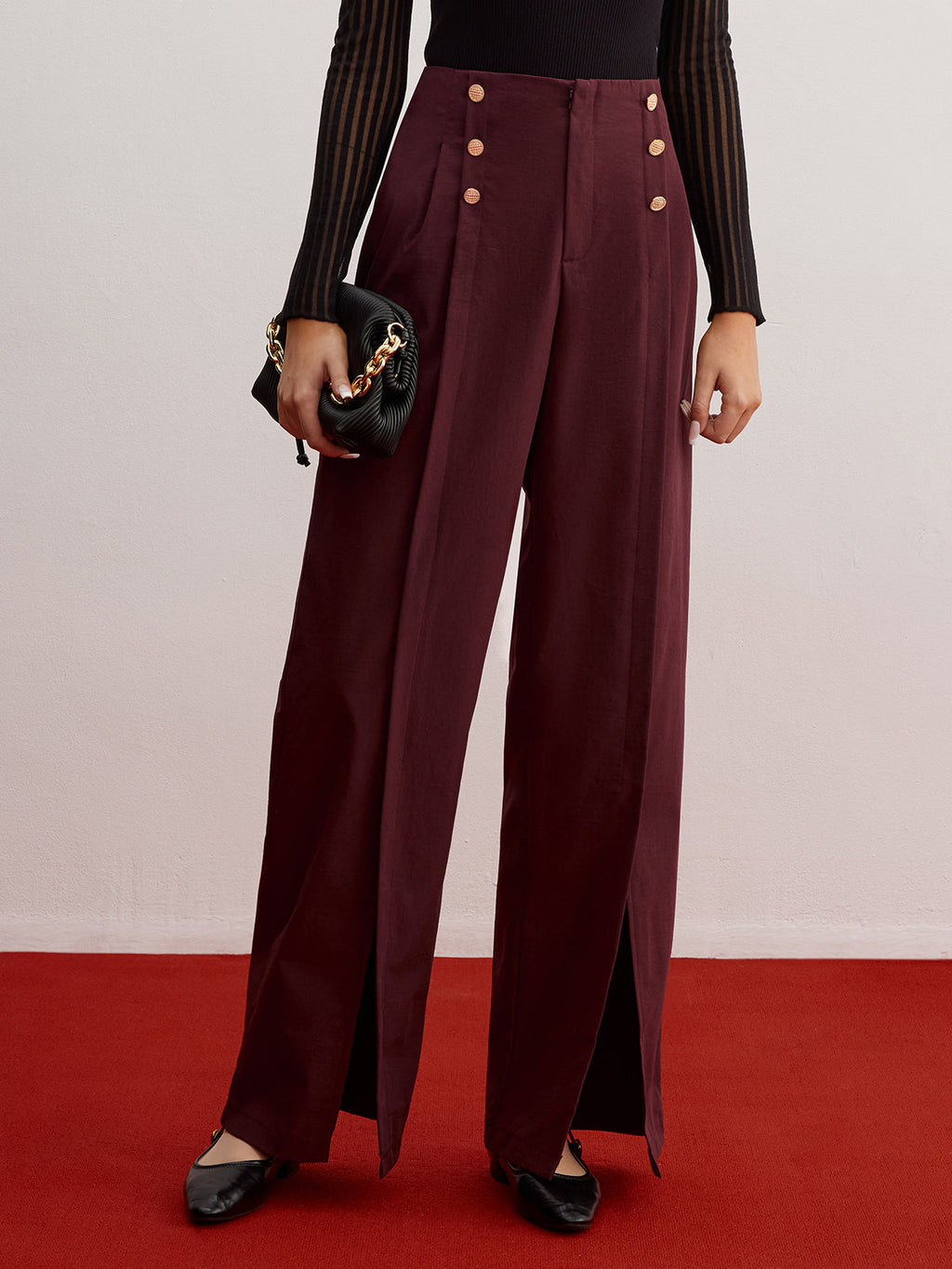 Düğme Dekorlu Bölünmüş Geniş Paça Pantolon