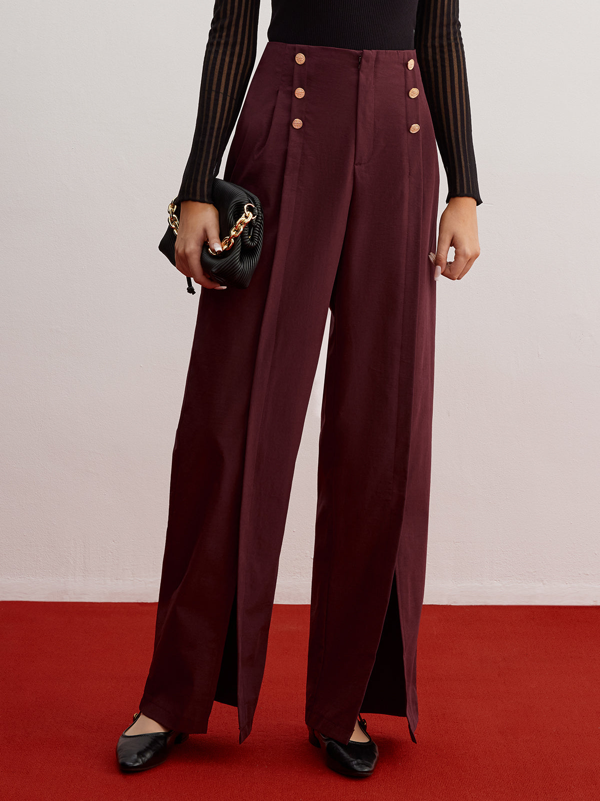 Düğme Dekorlu Bölünmüş Geniş Paça Pantolon