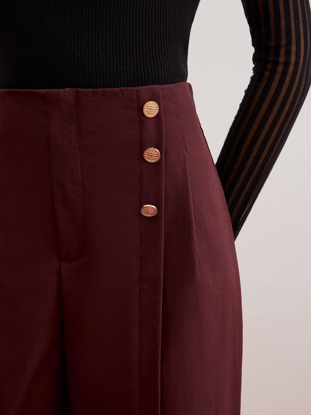 Düğme Dekorlu Bölünmüş Geniş Paça Pantolon