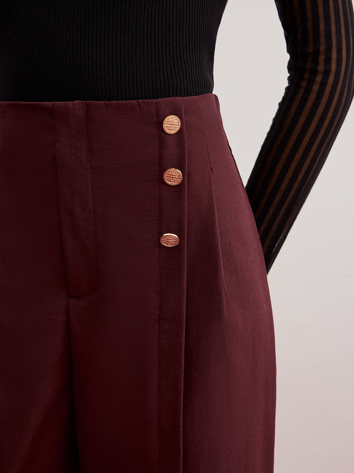 Düğme Dekorlu Bölünmüş Geniş Paça Pantolon