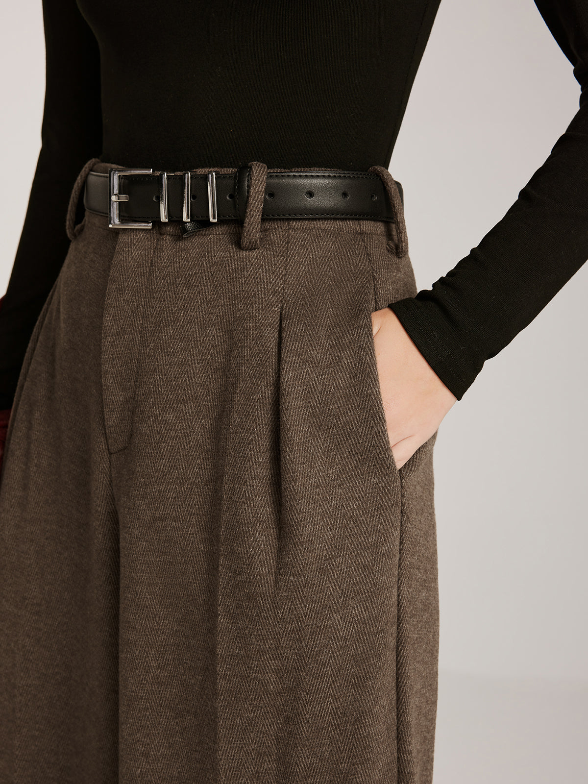 Yün Karışımlı Chevron Geniş Paça Pantolon Kemersiz