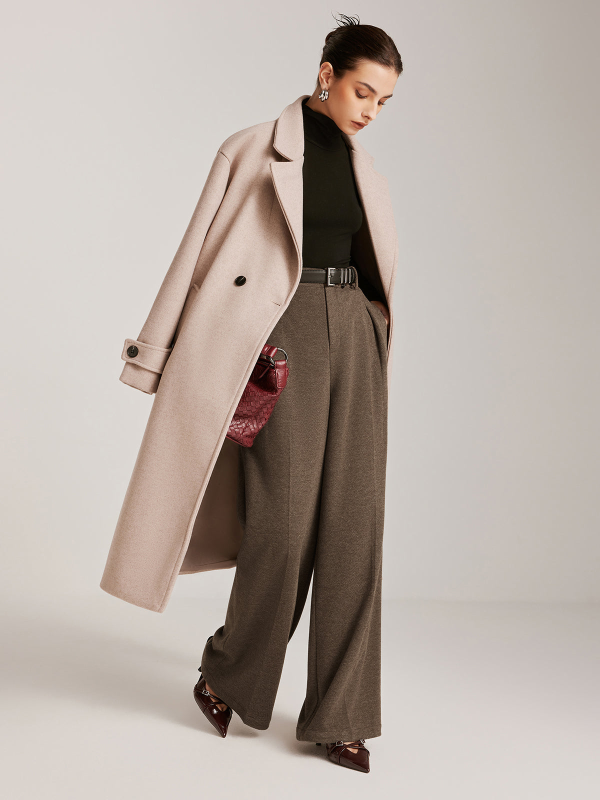 Yün Karışımlı Chevron Geniş Paça Pantolon Kemersiz