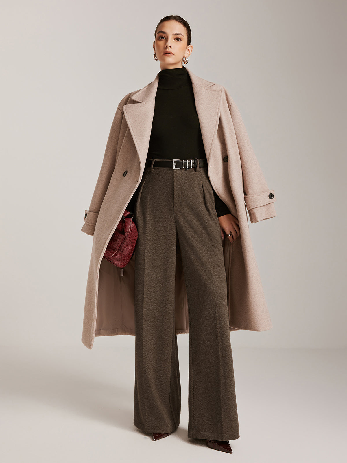 Yün Karışımlı Chevron Geniş Paça Pantolon Kemersiz