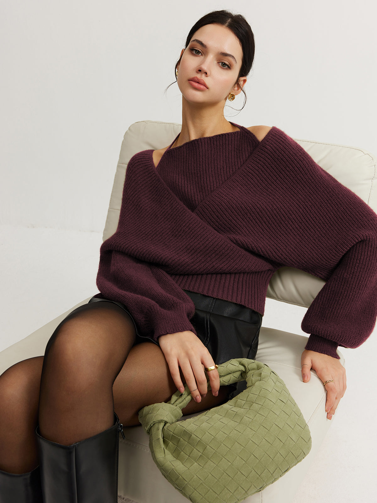 İkili Kullanımlı Halter Yaka Yarasa Kol Triko Üst