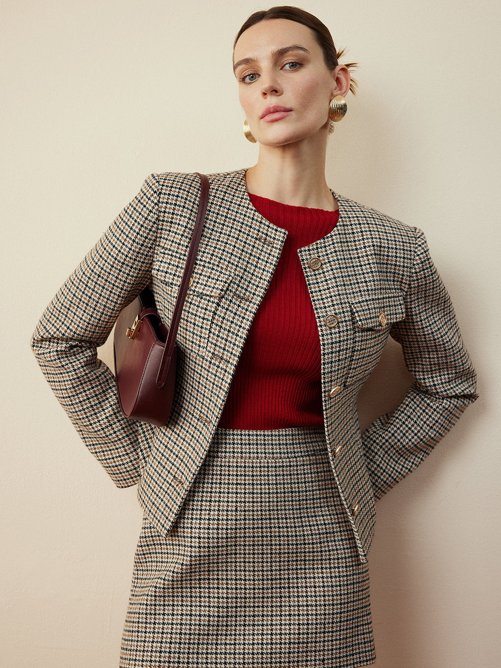 Houndstooth Düğmeli Kısa Ceket