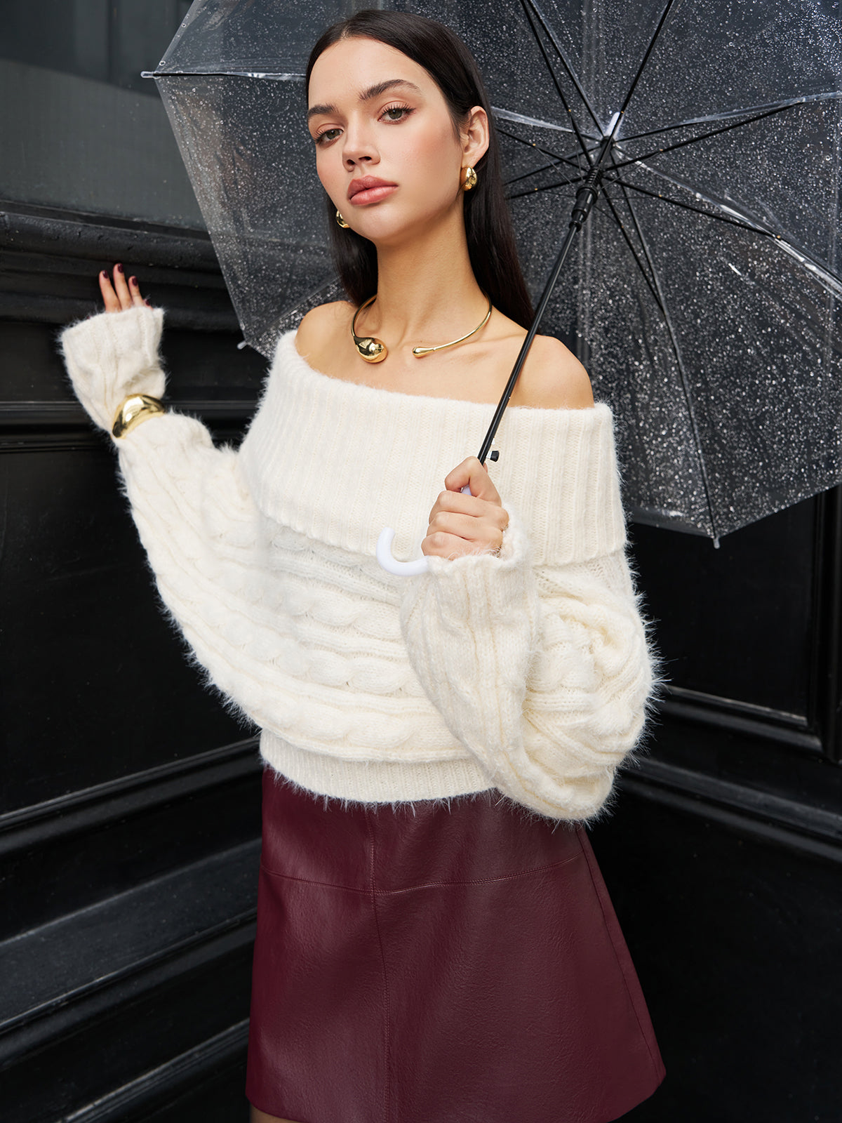 Romance Omuz Açık Büküm Kazak