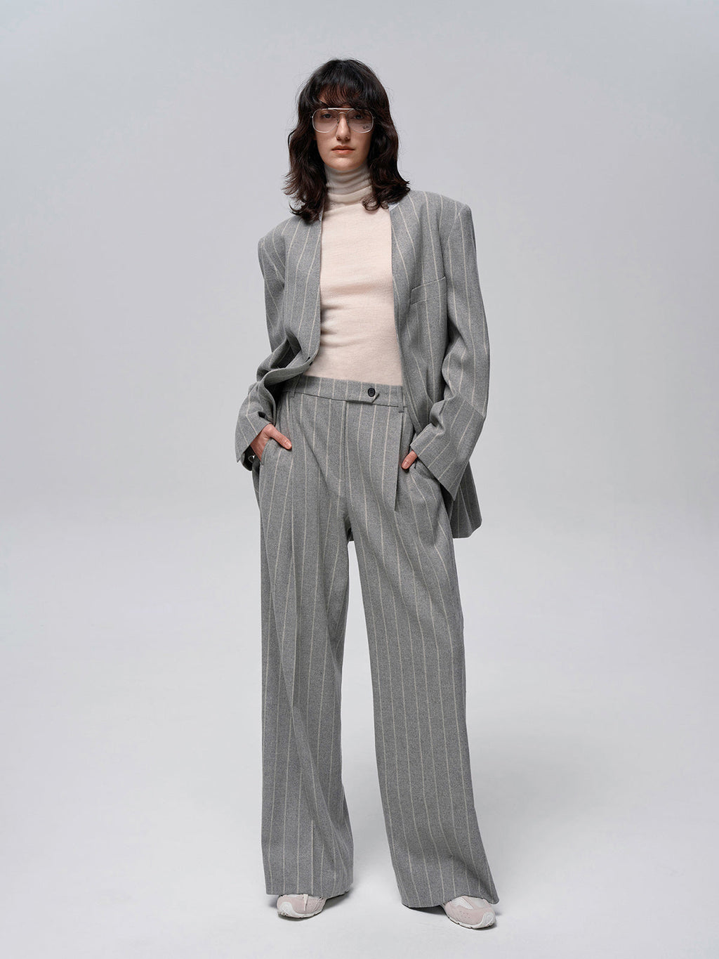 Yün Karışımlı İnce Çizgili Tweed Pantolon