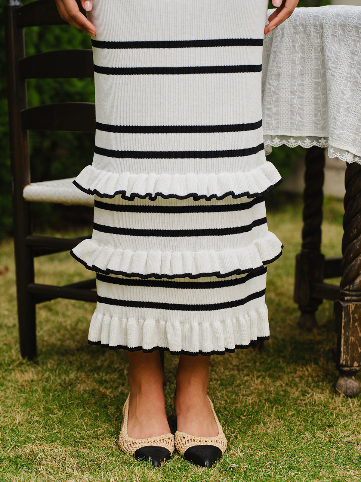 Çizgili Volanlı Kazak Elbise