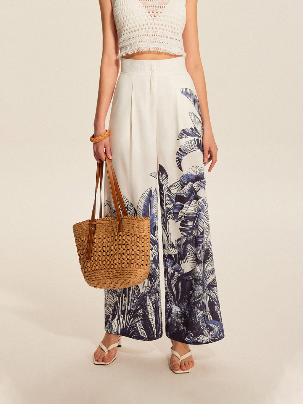 Boho Desenli Orta Bel Geniş Paça Pantolon