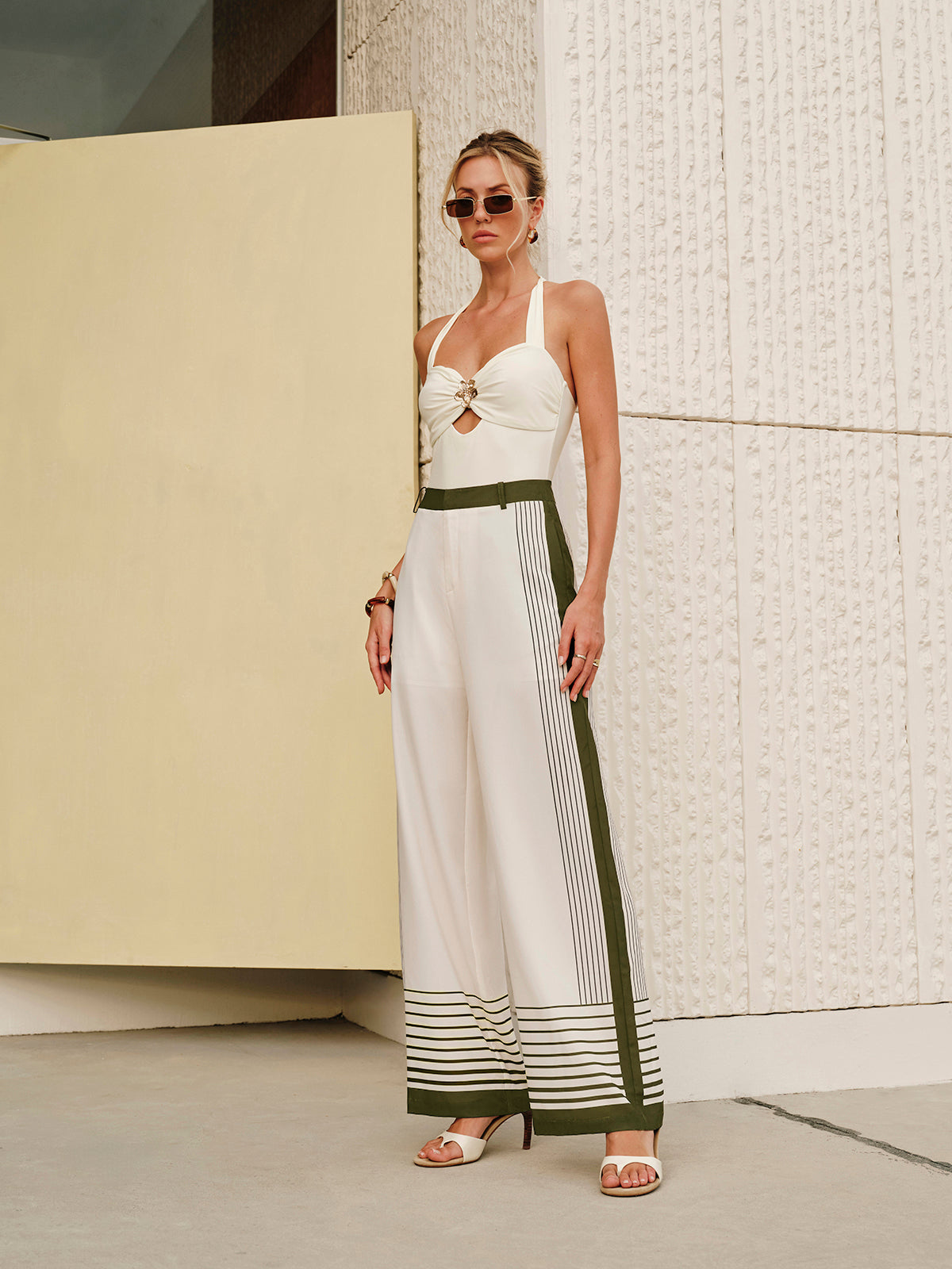 Çizgili Baskılı Fermuarlı Orta Bel Pantolon