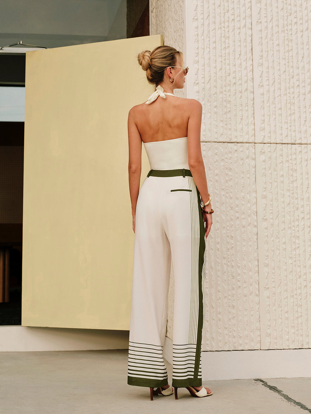 Çizgili Baskılı Fermuarlı Orta Bel Pantolon