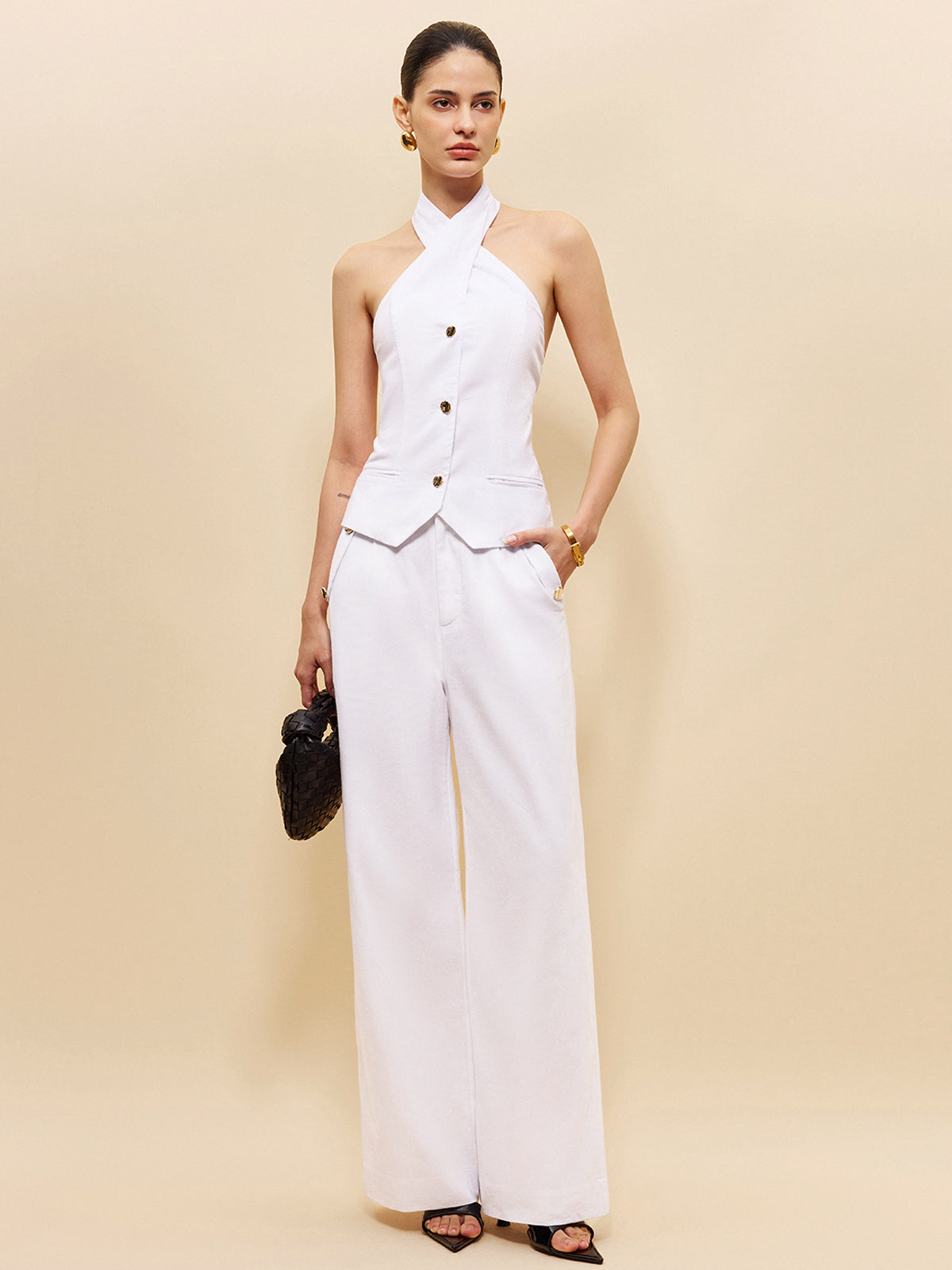 Keten Ve Pamuklu Cepli Orta Bel Pantolon