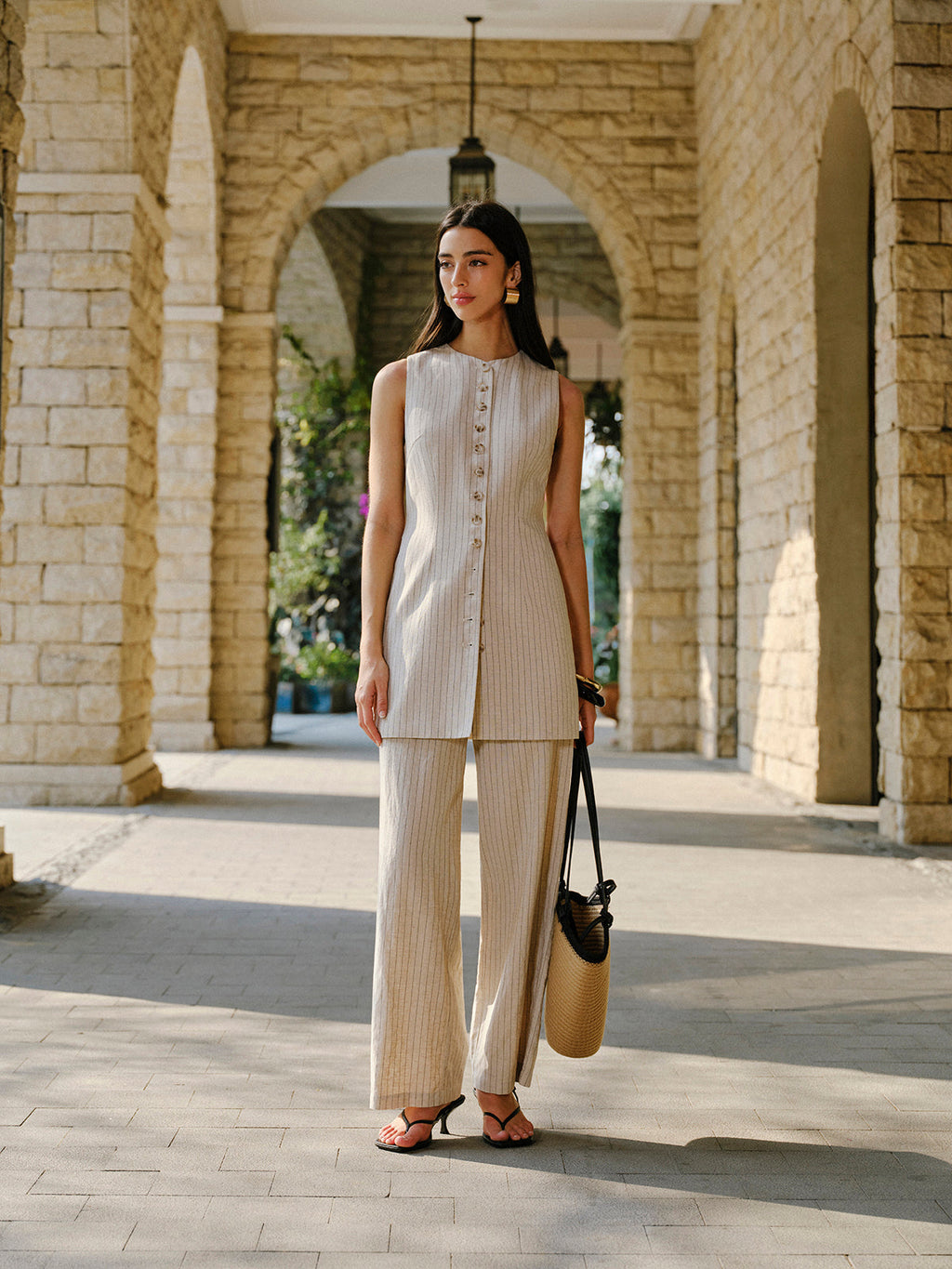 Keten Karışımlı Orta Bel Cepli Pantolon