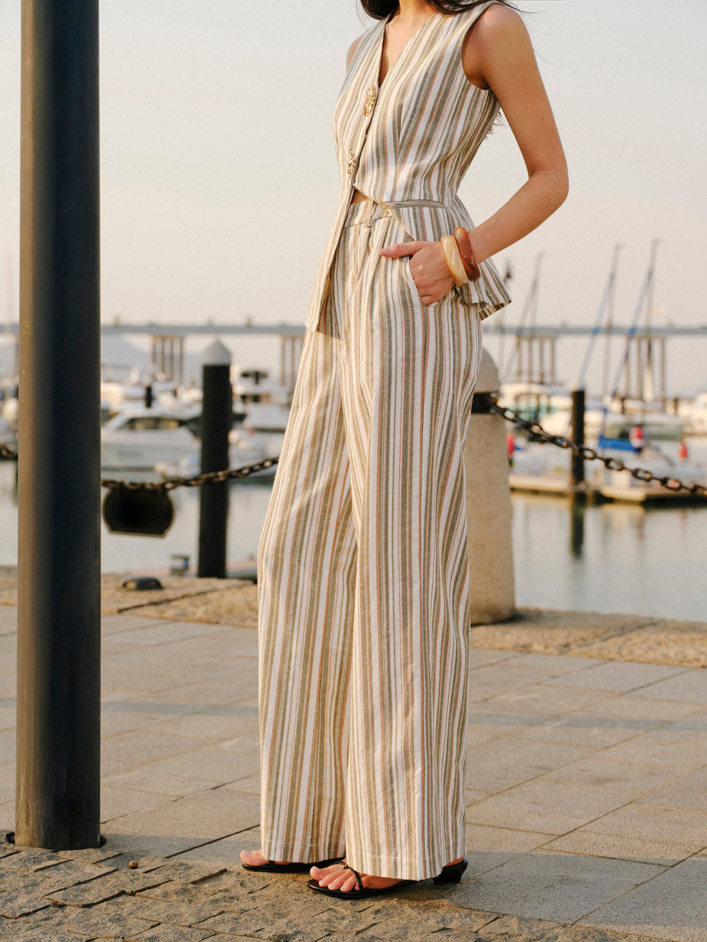 Keten Ve Pamuk Orta Bel Çizgili Geniş Paça Pantolon