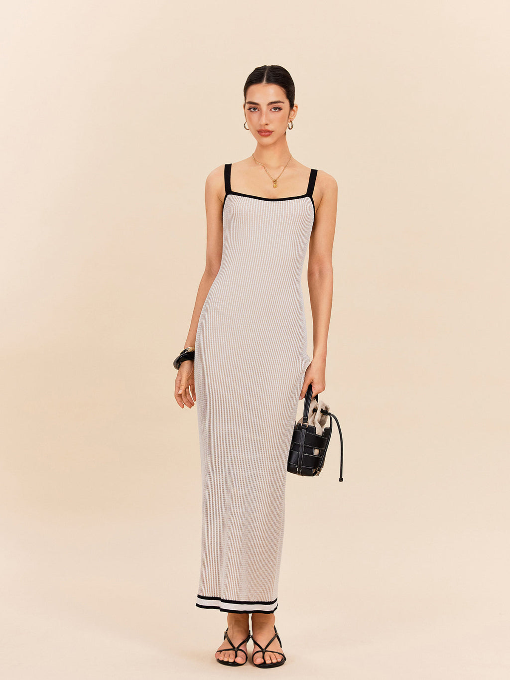 Çizgili Kontrast Kesim İnce Askılı Kazak Elbise