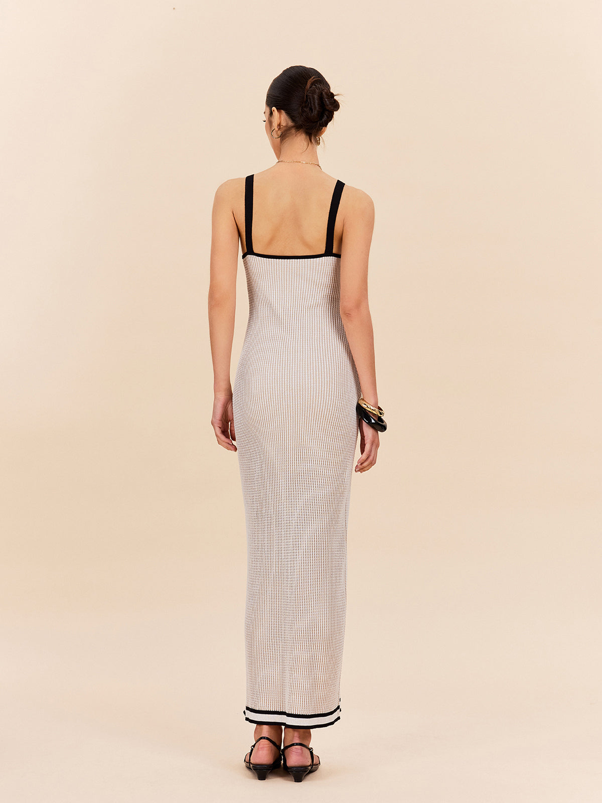 Çizgili Kontrast Kesim İnce Askılı Kazak Elbise