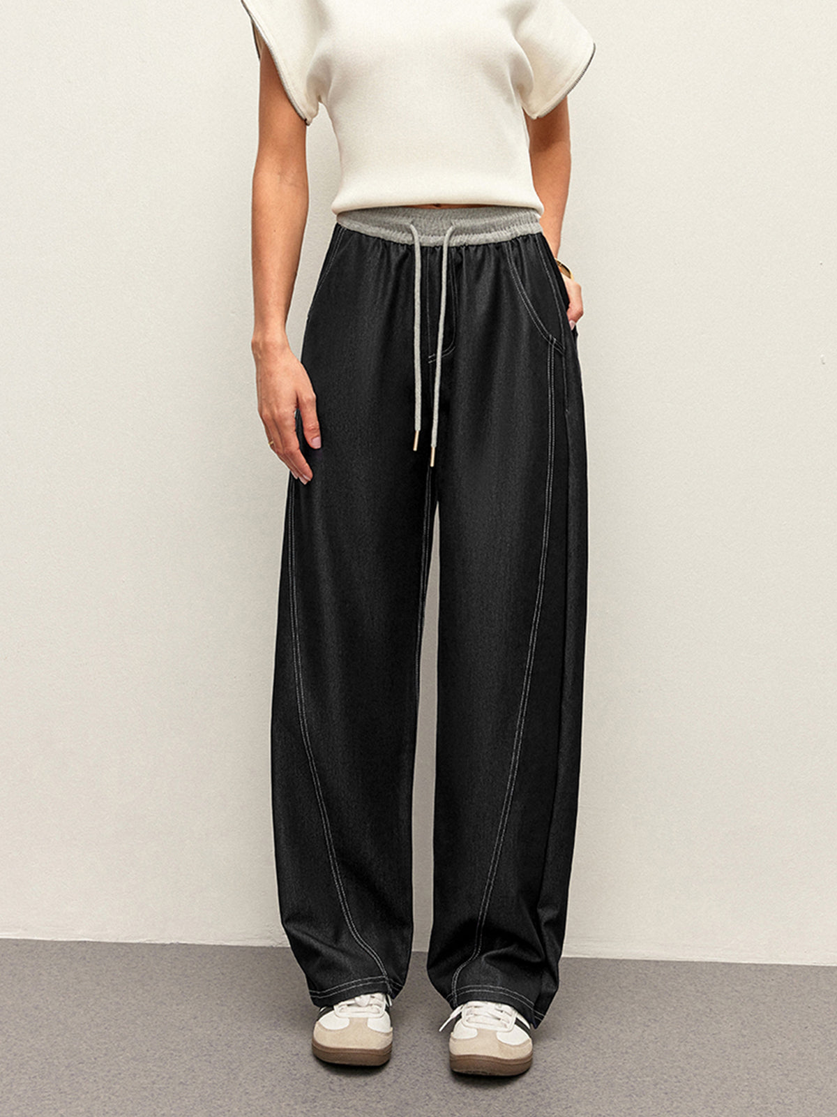 Cepli Yüksek Bel Bağcıklı Kot Pantolon