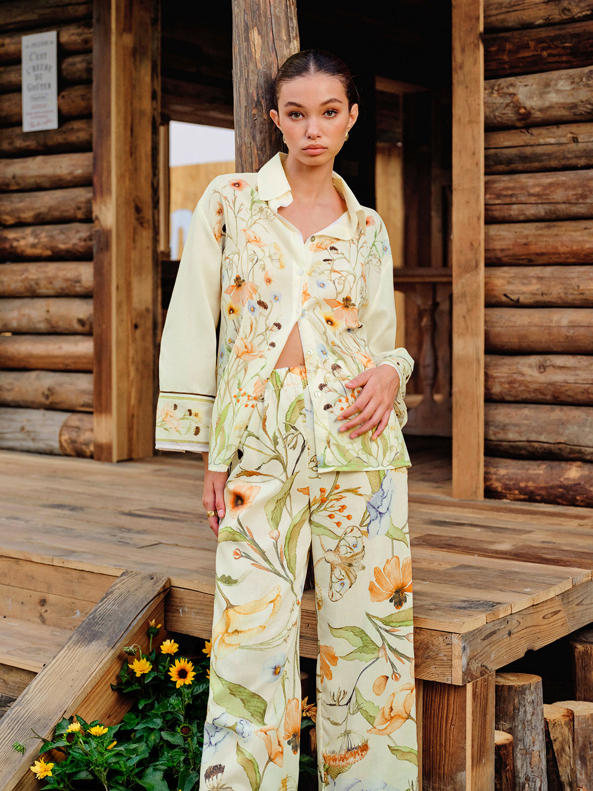 Elastik Bel Orta Bel Çiçekli Pantolon