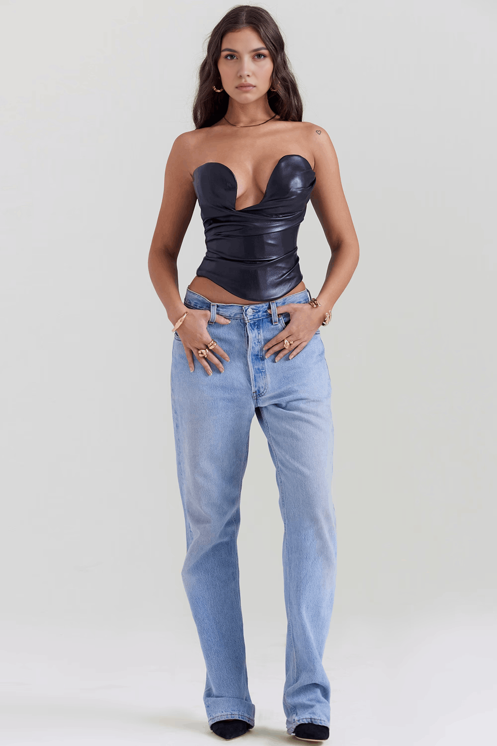 Straplez Deri Görünümlü Sıkılaştırıcı Korsaj – Siyah