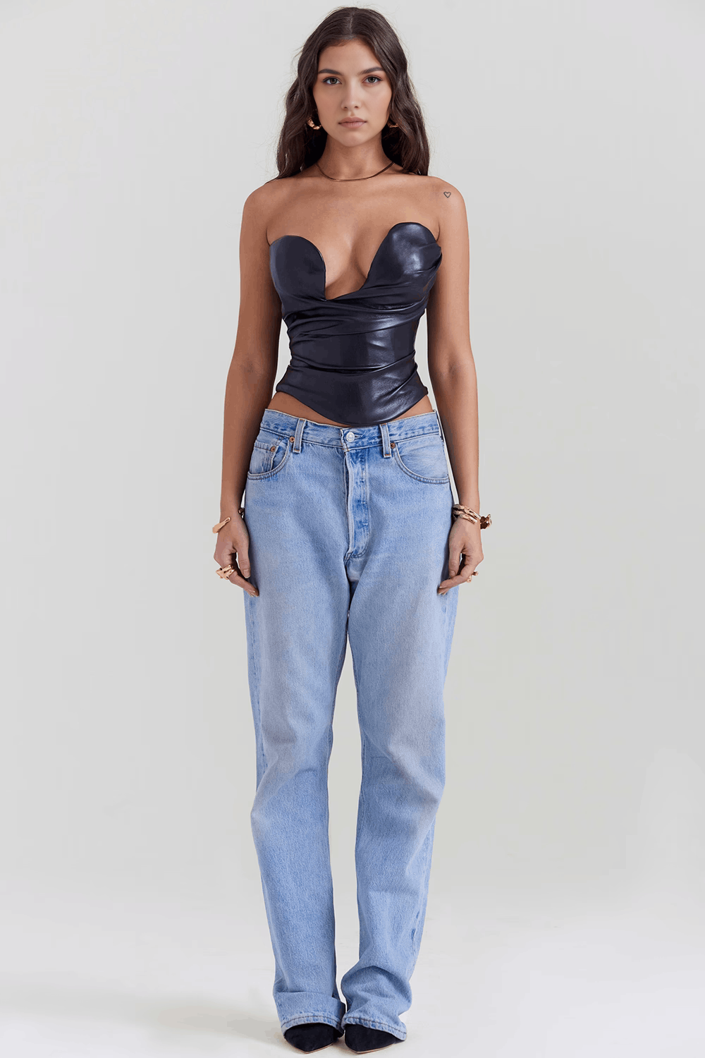 Straplez Deri Görünümlü Sıkılaştırıcı Korsaj – Siyah