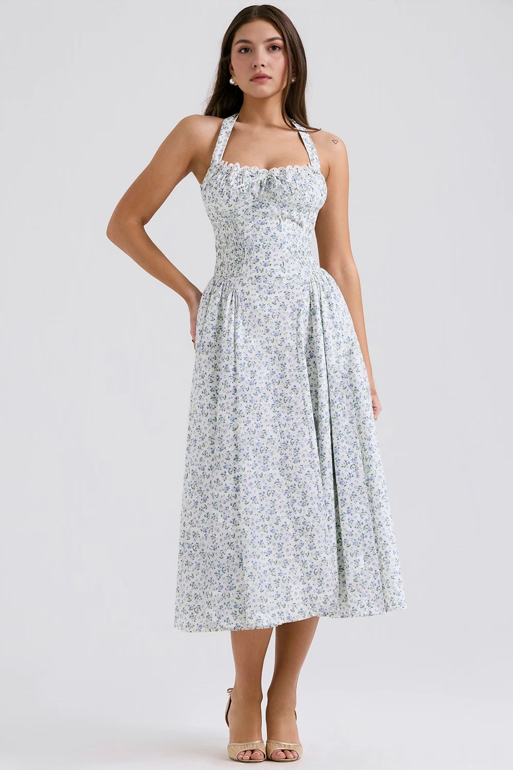 Askılı Büzgü Detaylı Midi Elbise