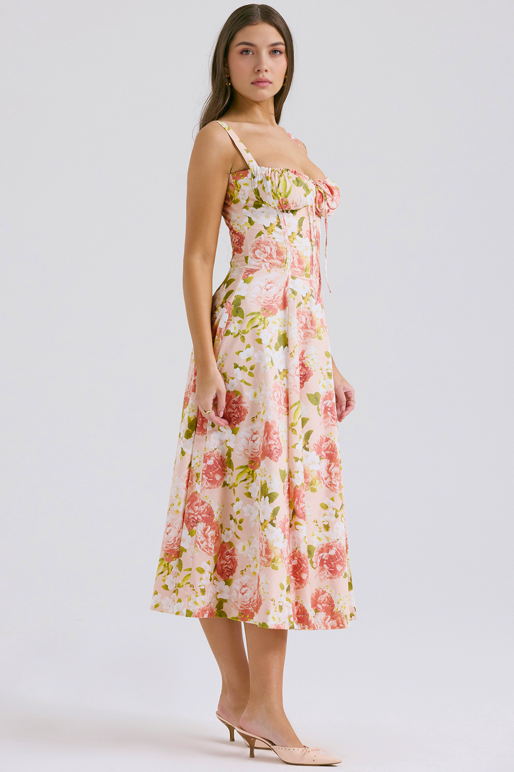 Bustier Belden Bağlamalı Midi Çiçekli Elbise